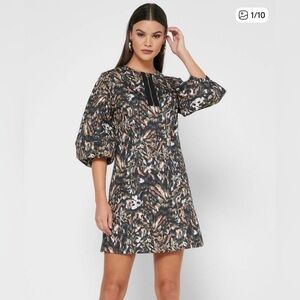 Ted Baker Urban black, brown, green print Puff Sleeve mini dress size 1